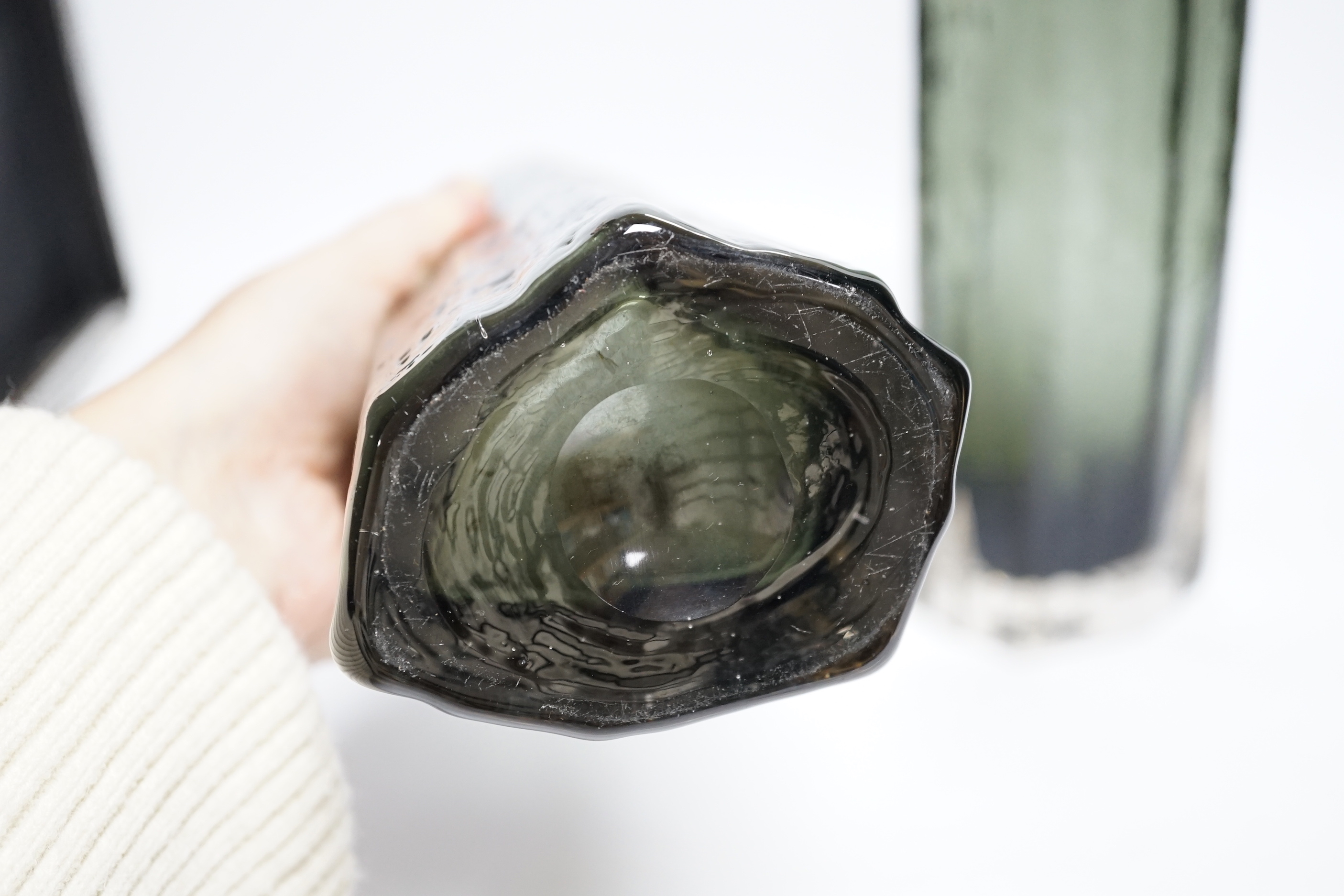 A near pair of Whitefriars ‘Cucumber’ vases in pewter, largest 30cm high